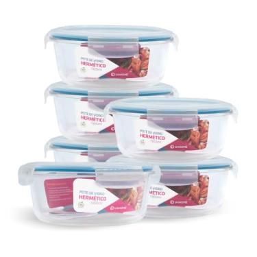 Imagem de Kit 6 Potes de Vidro Redondo com Tampa Hermética 1300ml (Azul)