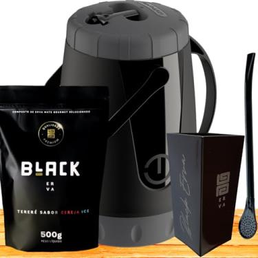 Imagem de Kit Para Tereré Garrafa Lisa Black Erva Mate 500g Copo Cuia Quadrado Acrílico Bomba Clássica Preta (CEREJA ICE)