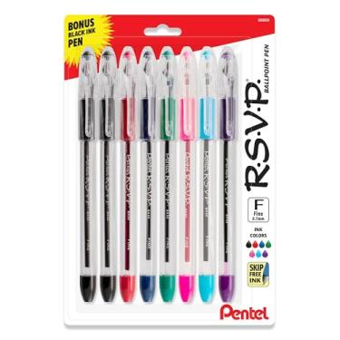 Imagem de Pentel RSVP Original Ballpoint Pen, (0.7mm) Fine Line, Assorted Ink Colors, Clear Barrel, 8 Pack with Bonus Black Ink Pen