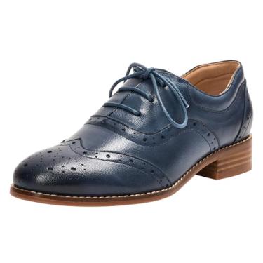 Imagem de Mona flying Sapato feminino de couro Oxfords Brogue Wingtips com cadarço e trabalho de escritório para mulheres, Preto, azul, 38