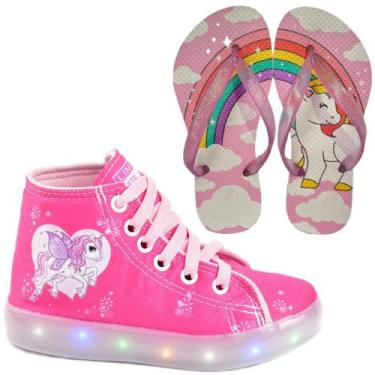 Imagem de Tênis Botinha Infantil Feminino De Led Unicórnio Cano Alto + Chinelo -