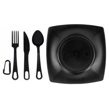 Imagem de Kit Prato Preto Quadrado 22x22cm + Talher de Campanha Colher/Garfo/Fac