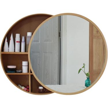Imagem de Armário redondo com espelho de porta deslizante para banheiro, Armário de parede de banheiro com armazenamento, Armário de remédios para banheiro | Armários Espelhados em Madeira Maciça com