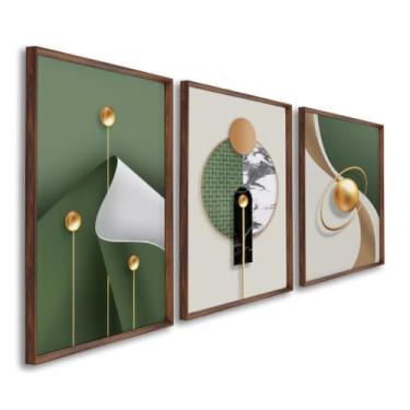 Imagem de Quadros Decorativos Tríade Elegante Cores Vivas em Verde e Nude Abstrato em Harmonia (Tabaco, 60x90, C/Vidro)