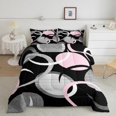 Imagem de Feelyou Conjunto de cama de arte abstrata para crianças, meninos, meninas, tamanho king, rosa, cinza, preto, ultramacio, geométrico, arte moderna, conjunto de edredom retrô