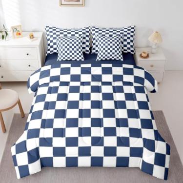 Imagem de Erosebridal Conjunto de edredom solteiro xadrez azul branco com 7 peças, azul marinho, para crianças, meninos, adolescentes, cama quadriculada em uma bolsa, moderno, estética geométrica