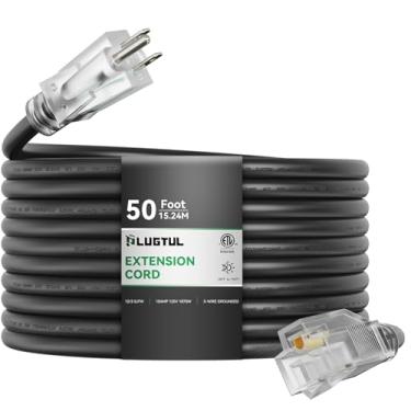 Imagem de PLUGTUL Cabo De Extensão Externo De 50 Pés, Calibre 12, Com Extremidade Iluminada, Resistente, 15 A, 1875 W, Sjtw, Listado Pela Etl, Ótimo Para Jardim E Casa, Preto
