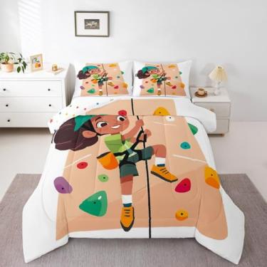 Imagem de Erosebridal Jogo de cama casal com desenho animado de escalada para meninos e meninas, conjunto de edredom colorido com estampa de parede para crianças, conjunto de edredom com tema esportivo de