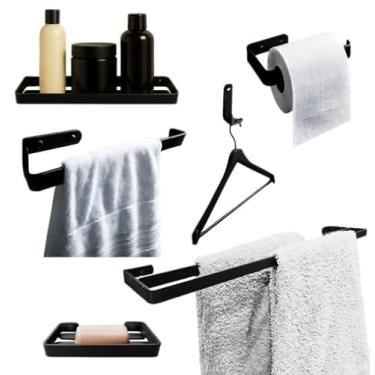 Imagem de Kit Banheiro 6 Peças Preto Fosco Toalheiro Duplo Porta Shampoo Aço Anti-Ferrugem