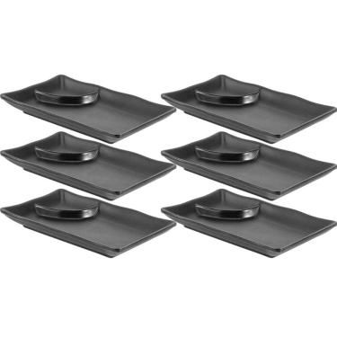 Imagem de 6 Pratos Pretos Sushi com Molheira 19x12cm Melamina Travessa Servir Gourmet Mix
