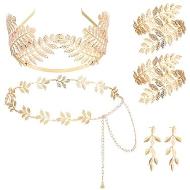 Imagem de Hinly Conjunto de 5 peças de joias de noiva para mulheres, deusa, folha, coroa, faixa de cabeça, braço, punho, folha, brincos de metal, corrente de cintura, casamento, cosplay e festa, Crown size