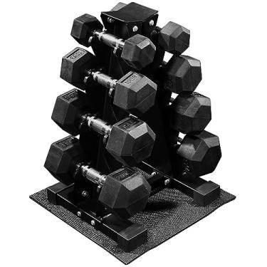 Imagem de Signature Fitness Conjunto de pesos e suporte de armazenamento de halteres hexagonais revestidos de borracha de 45 kg, pares de 2,2 a 9 kg