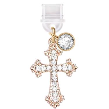 Imagem de ELISE & FONDA TP594 Tipo-C porta de carregamento antipoeira pequena cruz de cristal pingente de celular para iPhone 15/16/Samsung/OnePlus/Xiaomi/oppo telefones Android (dourado)