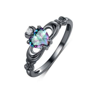 Imagem de Anel de noivado de coração para mulheres|banhado a ouro preto 18K | Aliança de compromisso de casamento eternidade de zircônia cúbica arco-íris de 6 mm | Presentes de joias para o Dia das Mães, Latão