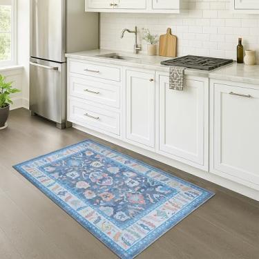 Imagem de Fame Rugs Tapete Oushak moderno azul 7 x 12 cm, lavável vintage turco colorido oriental inspirado em antiguidades tapetes dobráveis para área pequena, sala de estar de luxo para quarto (387BNB, 2'5 x