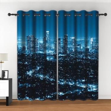 Imagem de Cortinas de janela urbanas modernas com vista noturna americana Los Angeles City Buildings at Night Skyscrapers impressão 3D com ilhós azuis, cortinas com isolamento térmico para quarto, sala de estar