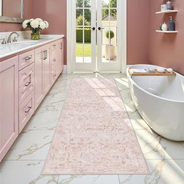 Imagem de Tapete de corredor rosa 5 x 15 cm para corredores, cama lateral, cozinha, boho, lavável, desgastado, piso baixo, entrada, tapete de banheiro longo, antiderrapante, lavanderia, suporte frontal, verde