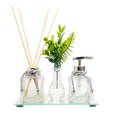 Imagem de Kit Lavabo Luxo Prata com Difusor e Saboneteira de Vidro Transparente 100ml + Bandeja e Vaso Decorativo para Banheiro