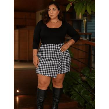 Imagem de Saia Envelope Xadrez Transpassada De Amarrar Plus Size Cintura Alta Se