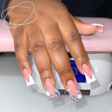 Imagem de RUOKEXIN Unhas Falsas De Caixão Com Ponta Francesa Branca E Longa, Cola Rosa Brilhante, Artificial Natural Para Mulheres