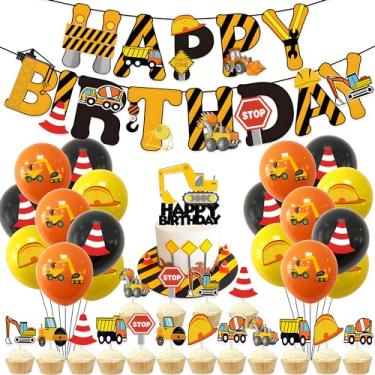 Imagem de PEIQICHU Decoração Para Festa De Aniversário Construção, Suprimentos Crianças, Caminhão, Carro, Tema Balão, Faixa Feliz, Topo Bolo, Criança, Meninos, Escavadeira