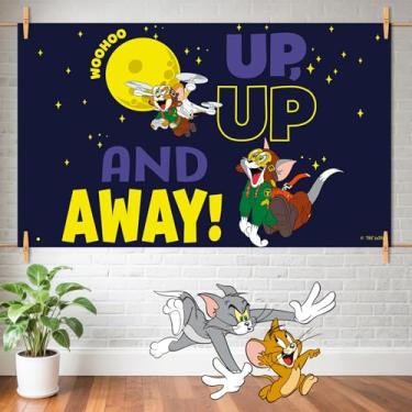 Imagem de Pano de fundo de festa de aniversário de desenho animado – Faixa de aniversário com tema voador de 1,5 x 7,8 m para meninos e meninas, chá de bebê, decoração de festa de desenho animado infantil