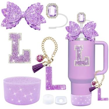 Imagem de Conjunto de acessórios de copo Stanley roxo de 7 peças, decorações de iniciais para Stanley Cup 850.5 g 1,134 g, inclui cobertura de canudo de joia, tampa à prova de derramamento, pingente de alça