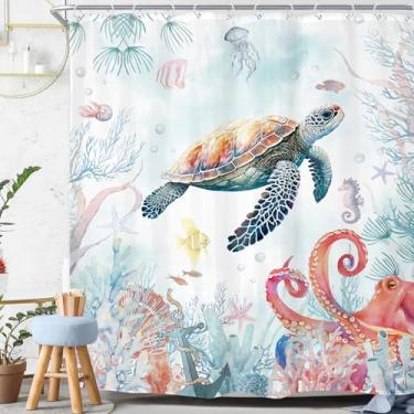 Imagem de Riyidecor Cortina de chuveiro tartaruga-marinha polvo para decoração de banheiro 182x84H extralonga oceano praia beira-mar azul-petróleo infantil arte náutica costeira tecido impresso poliéster