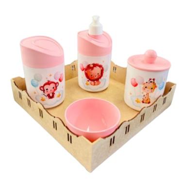 Imagem de Kit Higiene Baby Safari Menino e Menina c/bandeja em MDF (QUADRADA CRUA/ROSA, Leão/Macaco/Girafa - Balões)