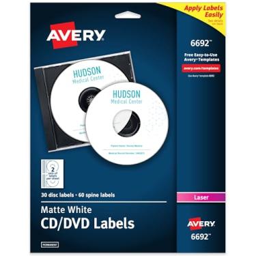Imagem de Avery Etiquetas de CD imprimíveis, branco fosco, adesivo permanente, compatível com impressora a laser, 30 discos e 60 etiquetas de lombada, ideal para CDs, DVDs, discos de PC, projetos de mídia e