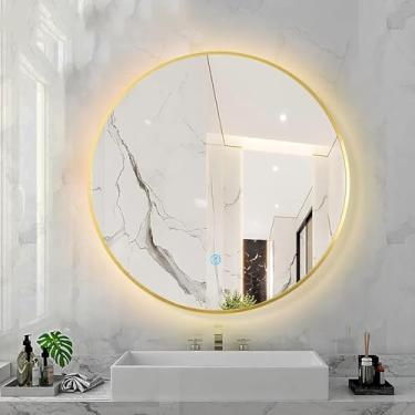Imagem de Espelho Redondo Iluminado Para Casa De Banho Com Sensor Touch Control, Função De Escurecimento De 3 Cores, Espelho Retroiluminado Led Montado Na Parede Com Moldura De Li, Golden Frame, 80X80CM