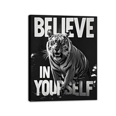 Imagem de Arte de parede de escritório inspiradora tigre feroz tigre preto branco impressão em tela animal pôsteres inspiradores citações motivacionais imagens para decoração de parede de quarto masculino 50 x