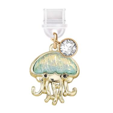 Imagem de ELISE & FONDA TP734 Tipo-C porta de carregamento plugue antipoeira pequeno cristal água-viva pingente de celular para iPhone 15/16/Samsung/OnePlus/Xiaomi/oppo telefones Android (verde)