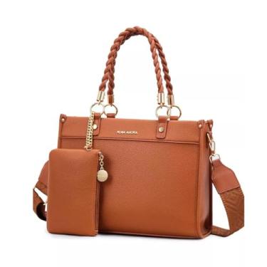 Imagem de Bolsa De Mão Couro Quadrada Média Com Alça Couro Sintetico (Caramelo)