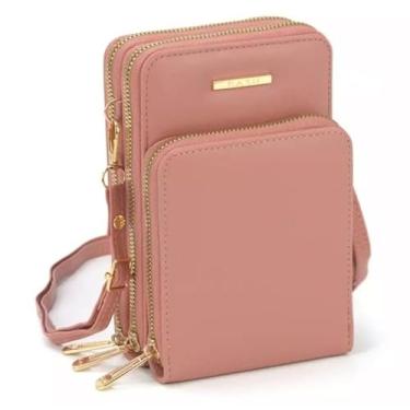 Imagem de Bolsa Feminina Tranversal Carteira De Mão Porta Celular Porta Cartão Crédito Alça Removível (Rosa)