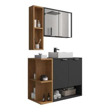 Imagem de Gabinete Banheiro Ibiza Com Espelho e Nichos - Ofertamo, Preto / Natur