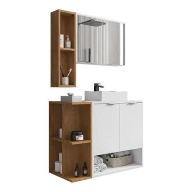 Imagem de Gabinete Banheiro Ibiza Com Espelho e Nichos - Ofertamo, Branco / Natu