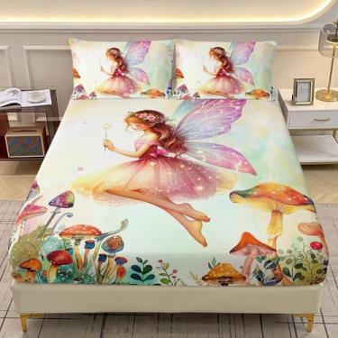 Imagem de AILONEN Lindo jogo de lençol com elástico, espírito de borboleta, voando no prado de cogumelo, tamanho solteiro, para quarto de crianças, decoração de arte de fantasia para quarto de crianças, 1 jogo