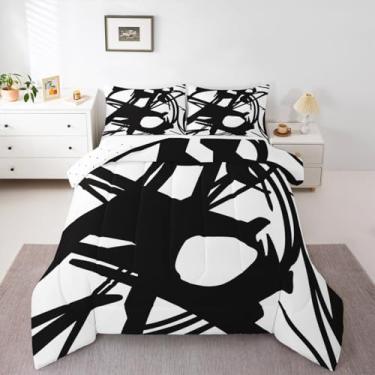 Imagem de Conjunto de edredom abstrato, tamanho casal, para meninos e meninas, branco e preto, ultramacio, geométrico, listrado, moderno, respirável, macio e leve de microfibra