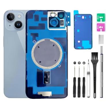 Imagem de Substituição de vidro traseiro para iPhone 14 Plus + lente da câmera + ímã + suporte de peça de ferro com kit de ferramentas de reparo (azul)