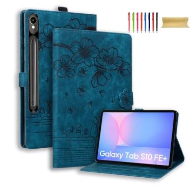 Imagem de Capa para Samsung Galaxy Tab S10 FE Plus 13,1 polegadas 2025 SM-X620 X626B, capa flip de couro PU premium com estampa de flor com suporte multiângulo de TPU à prova de choque e porta-cartão, azul