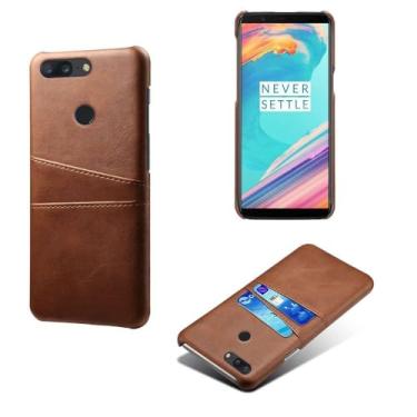 Imagem de Capas Compatível com Oneplus 5T,Caso de couro PU-Tampa de telefone a prova de choque com 2 slots de cartão,Proteção anti-impressão digital e anti-gota-Brown