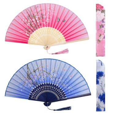 Imagem de Jmkcoz Ventiladores dobráveis portáteis florais leques de bambu de seda com borla, ventilador dobrável à mão chinês japonês com manga de tecido para decoração de adereços de festa de casamento