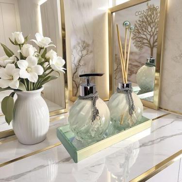 Imagem de Kit Lavabo Espiral Branco Decoração Prata Com Bandeja Completo De Vidr