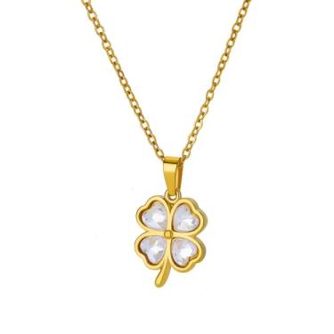 Imagem de Shejuety Pingente requintado de quatro trevos para mulheres, banhado com corrente de clavícula de ouro 14K incrustada com pingente de coração de cristal, joia de aniversário, presente de aniversário