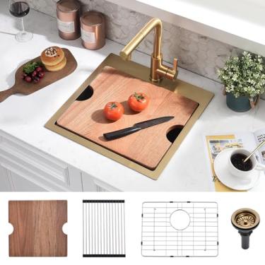 Imagem de SOMRXO Pia de barra suspensa de 53 x 50 cm - pia de cozinha pequena de aço inoxidável dourado calibre 16, pias de estação de trabalho com tigela única de 25,4 cm de profundidade com acessórios para