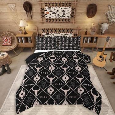 Imagem de Erosebridal Conjunto de edredom de caveira de touro para meninos, conjunto de cama solteiro com chifres étnicos ocidentais, tribal, asteca, boho, sudoeste, inserção, animais de fazenda, vintage, 1