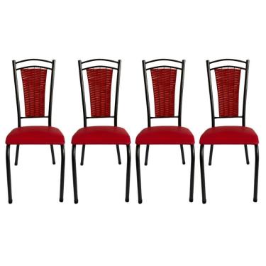 Imagem de Kit 4 Cadeira Paris De Cozinha Tubular Preto Aço Estofada Encosto Junco Vermelho