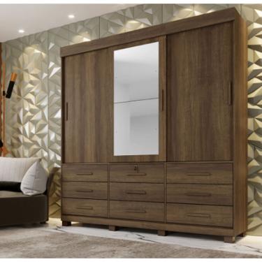 Imagem de Guarda Roupa Londres 3 Portas 9 Gavetas com Espelho Benetil Móveis - Imbuia