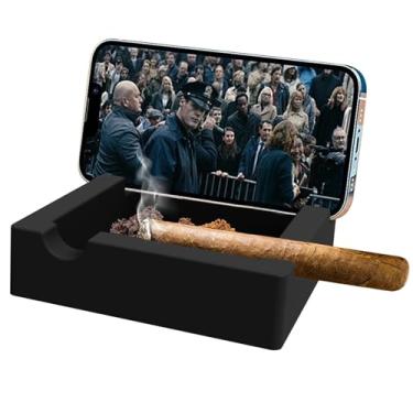 Imagem de Cinzeiro de charuto grande 2 em 1 com suporte para telefone/suporte quadrado de silicone com 3 suportes para ambientes externos/externos/tabuleiros de pátio acessórios para homens presentes de fumante